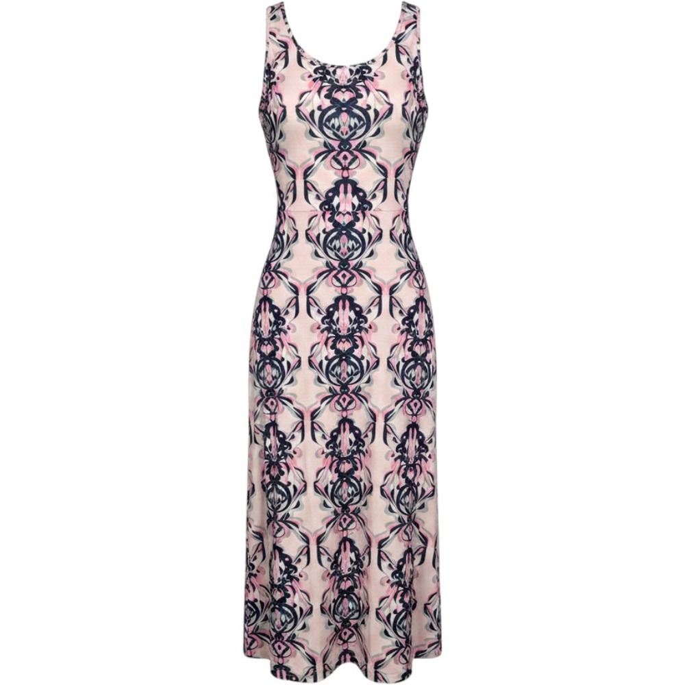 DEARMSROSE Pink Navy Damask Print Tank Sleeveless Maxi Dress Side Slit Resort XL